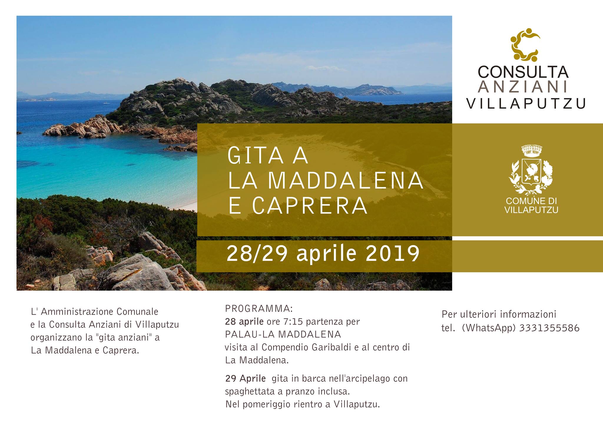 VILLAPUTZU, il 28 e 29 aprile la gita a La Maddalena per gli anziani. Prenotazioni entro il 20