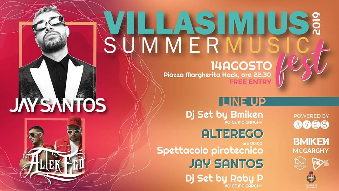 VILLASIMIUS, Stasera (14 agosto) Jay Santos e gli Alter Ego sul palco di piazza Hack
