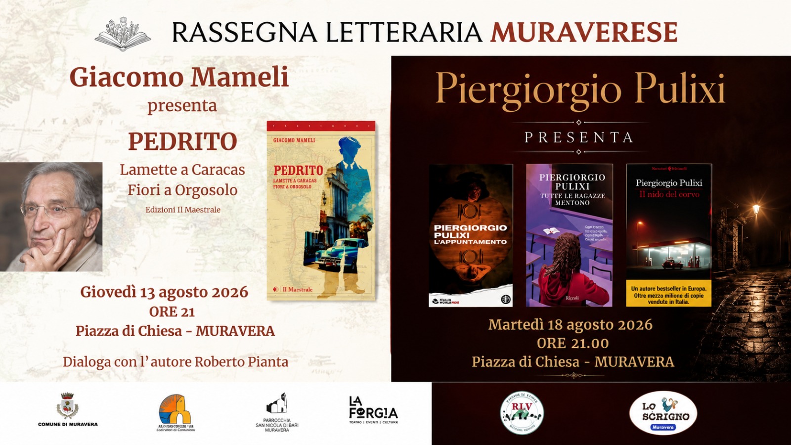 MURAVERA, Rassegna letteraria muraverese, due serate speciali con Giacomo Mameli e Piergiorgio Pulixi