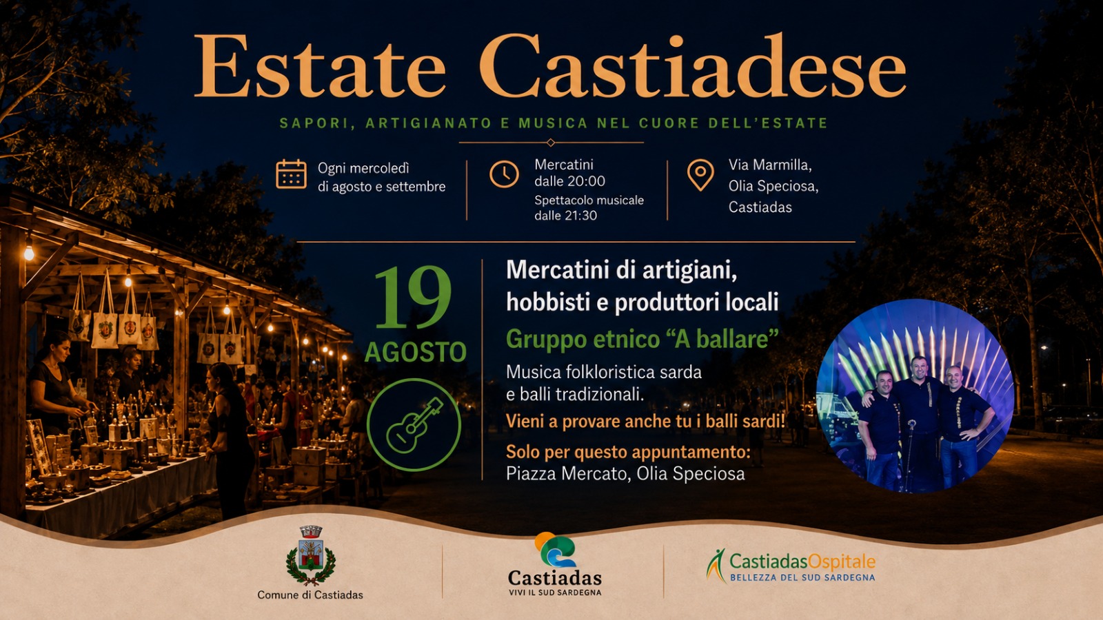 CASTIADAS, Mercatini e balli sardi animano la notte il 19 agosto a Olia Speciosa